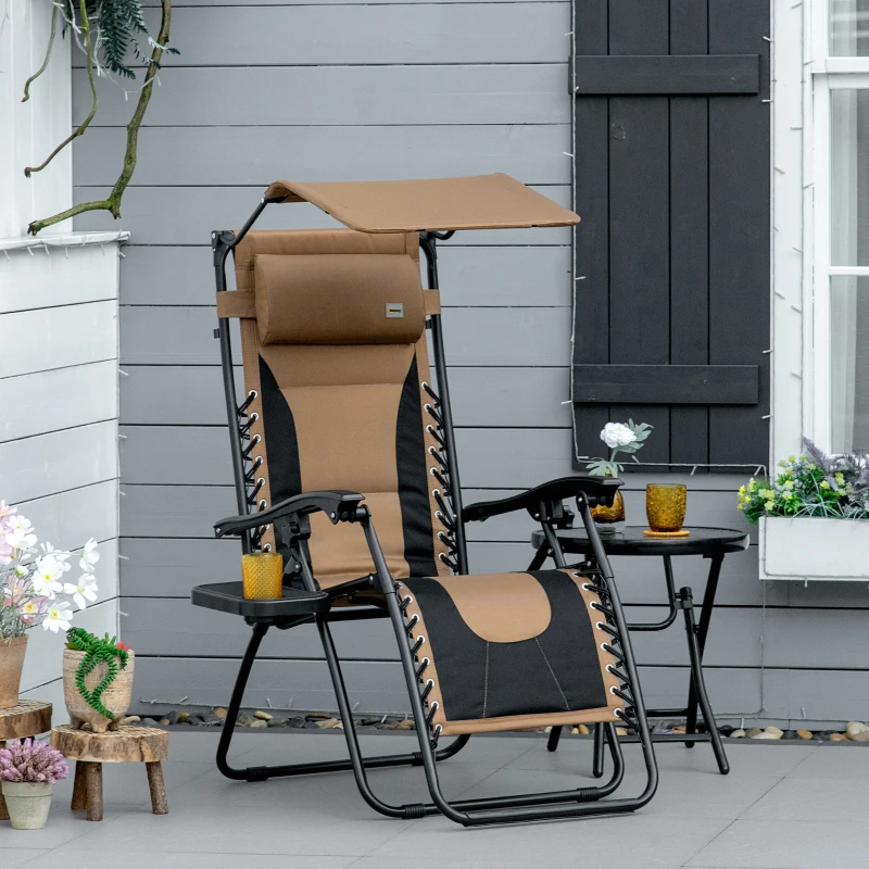 Outsunny Zero Gravity Lounger Chair, Folding Reclining Patio Chair with Shade Cover, Padded Seat, Cup Holder, Soft Cushion and Headrest for Poolside, Camping, Coffee
