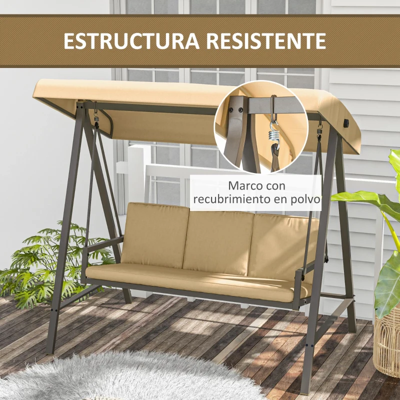 Outsunny Balancín de Jardín de 3 Plazas Columpio Exterior Jardín con Toldo Ajustable Cojines Extraíbles 200x125x175 cm Beige