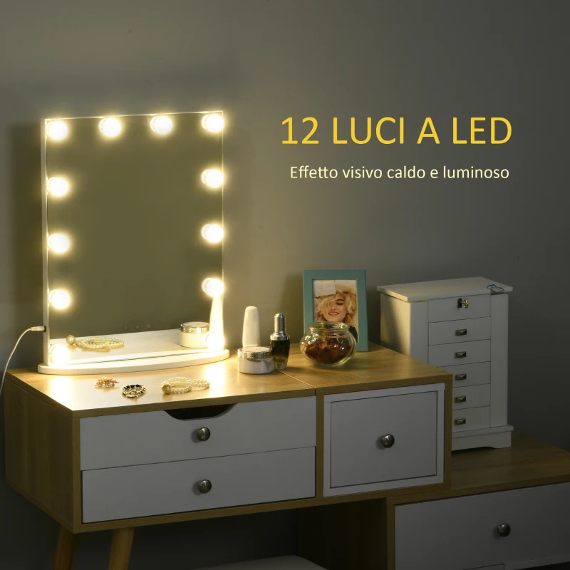HOMCOM Specchio da Tavolo Professionale per Makeup con 12 Luci a LED Dimmerabili e Interruttore Touch in Stile Vintage