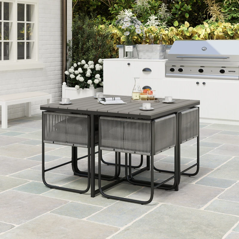 Outsunny 4 Seater Rattan Cube Garden Furniture Set, Rattan Dining Set with Cushions, Outdoor Dining Table and Chairs with Rectangular Wood Grain Plastic Top Table for Patio, Balcony, Grey