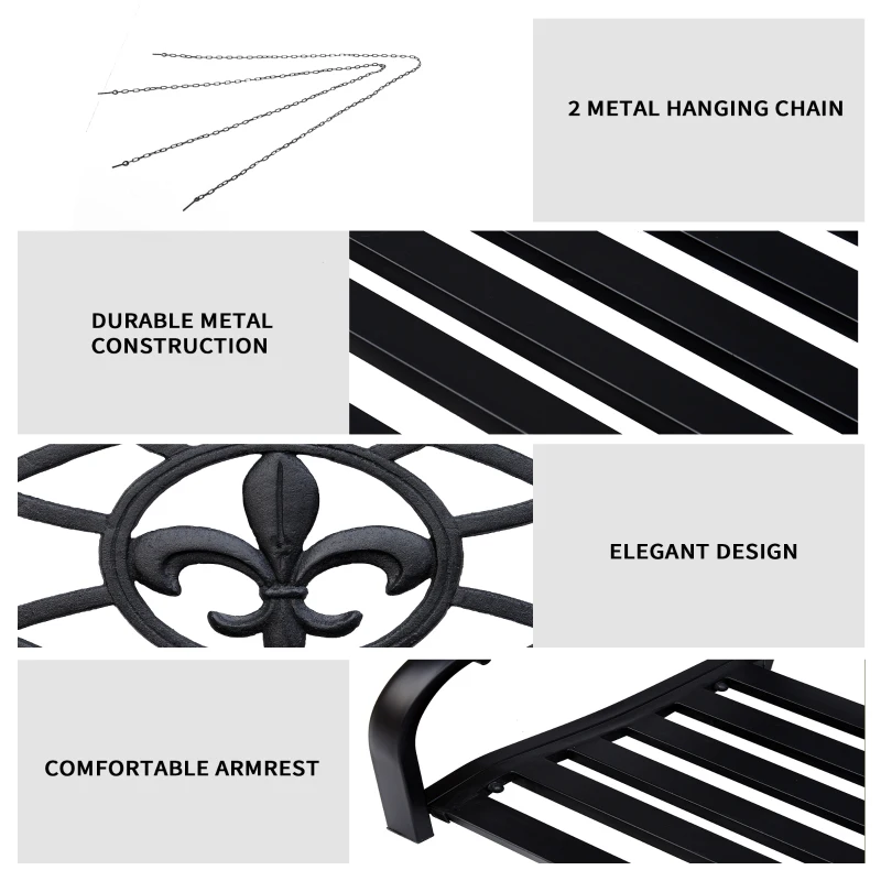 2 Seater Swing Seat Bench, Metal Garden Swing Chair with Chains, Weather Resistant, for the Patio, Yard, Deck and Yard, Black