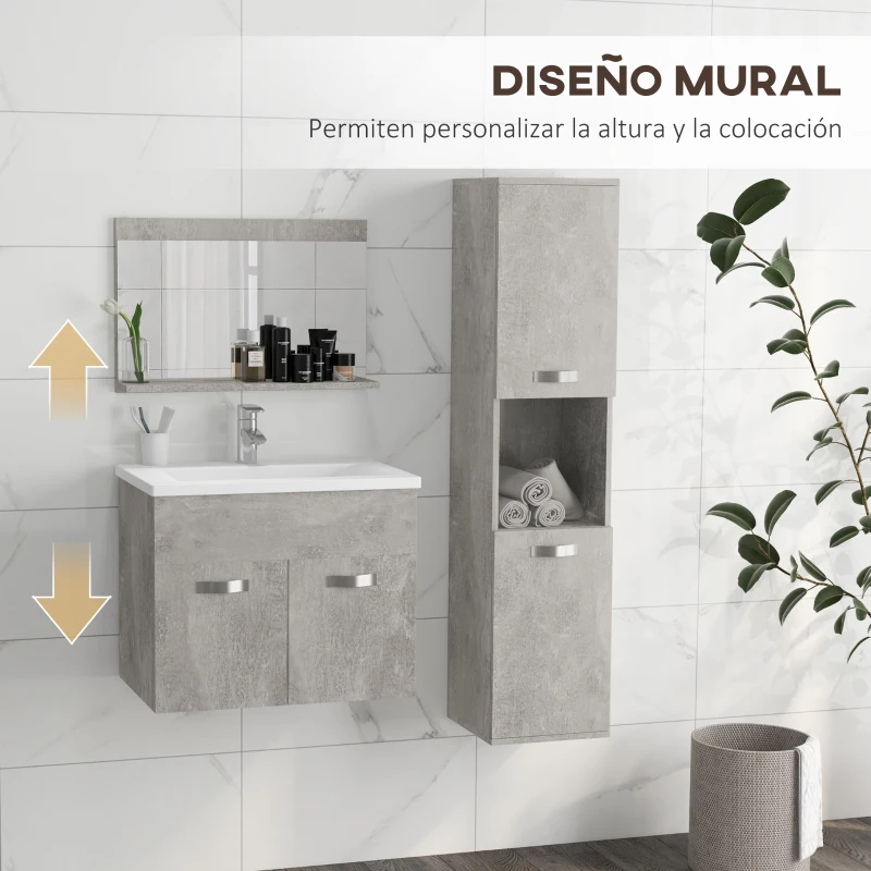 kleankin Conjunto de Muebles de Baño de Pared 3 Piezas Incluye Espejo Armario con Lavabo Cerámico y Columna Auxiliar de Baño Gris