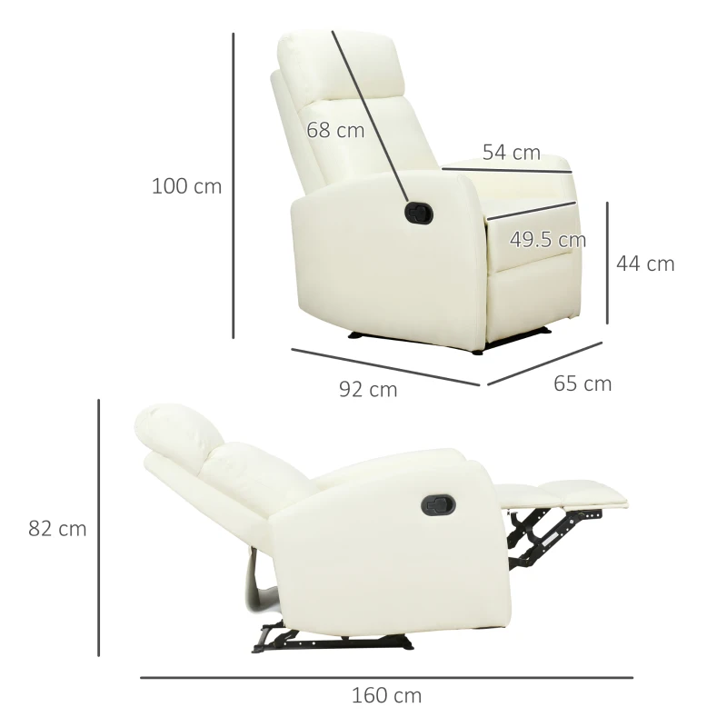 HOMCOM Poltrona Relax Reclinabile 165° con Poggiapiedi Regolabile Ergonomica in pelle PU, 65 × 92 × 100cm Crema