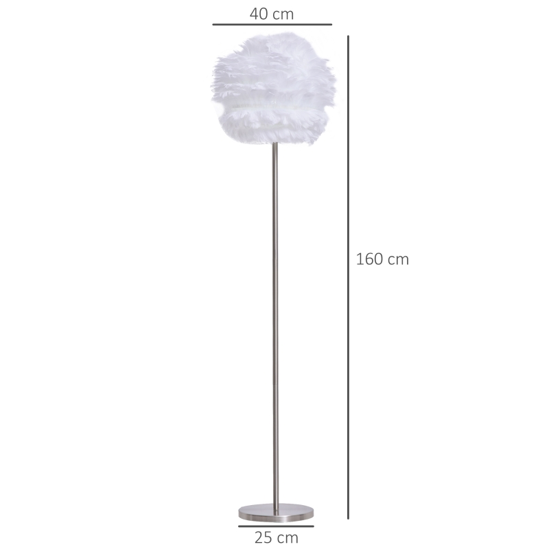 HOMCOM Lampadaire plume sur pied - ampoule E27 60 W max. - interrupteur à pied - dim. Ø 40 x 160H cm - métal chromé plumes d'oie blanc