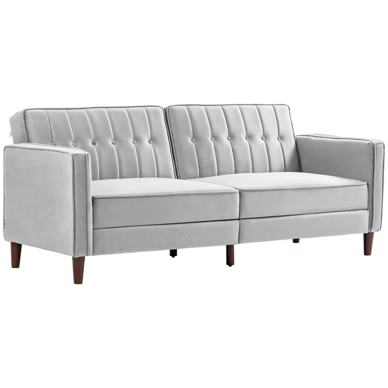 HOMCOM Modern Convertible Sofa Futon Velvet-Touch Tufted Couch Compact Loveseat with Adjustable Split Back, Light Grey