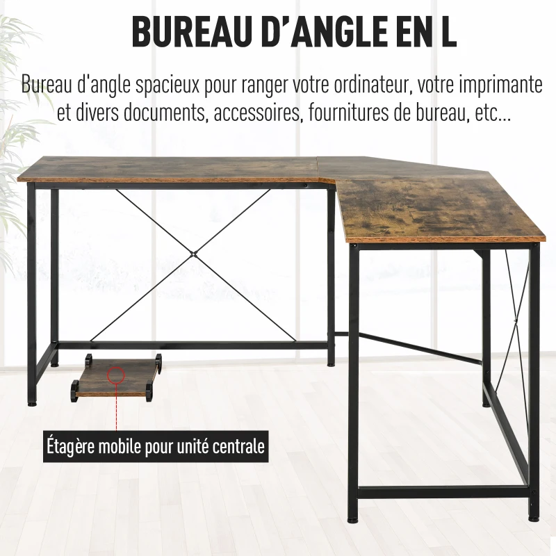 HOMCOM Bureau Informatique Design Industriel Bureau d'angle Support CPU Aspect Vieux Bois métal Noir