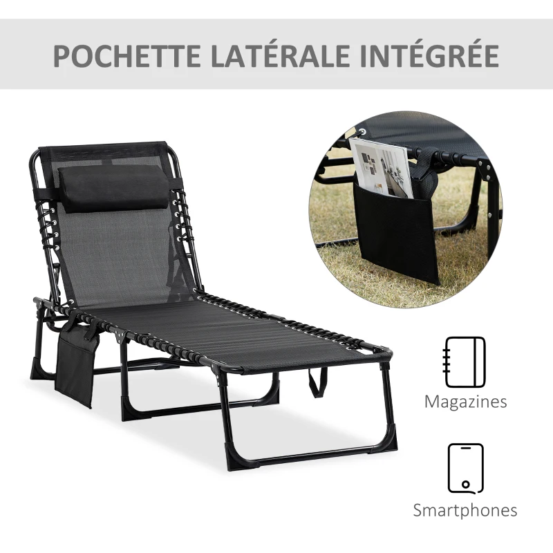 Outsunny Chaise longue pliable bain de soleil transat de relaxation dossier inclinable 5 niveaux têtière amovible pochette latérale intégrée revêtement textilène acier dim. 189 x 58 x 30 cm noir