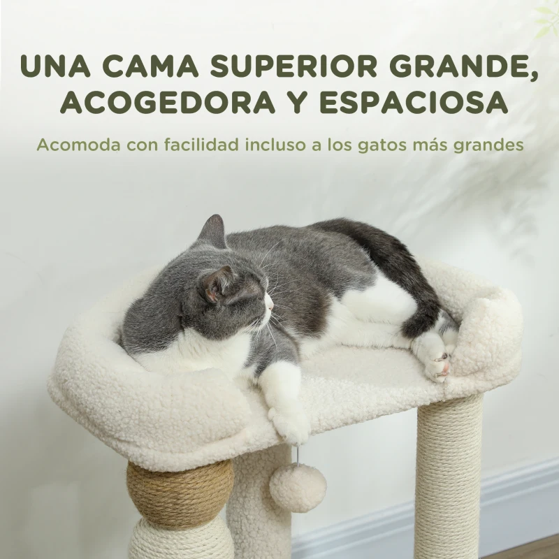 PawHut Árbol para Gatos Altura 76 cm con Revestimiento de Borreguillo Plataformas Bola Colgante y Poste de Yute Beige