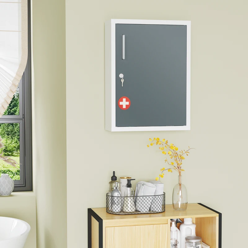 kleankin Armadietto Medicinali con 3 Ripiani e Blocco con Chiavi in Acciaio, 40x15x53.5cm, Bianco e Grigio