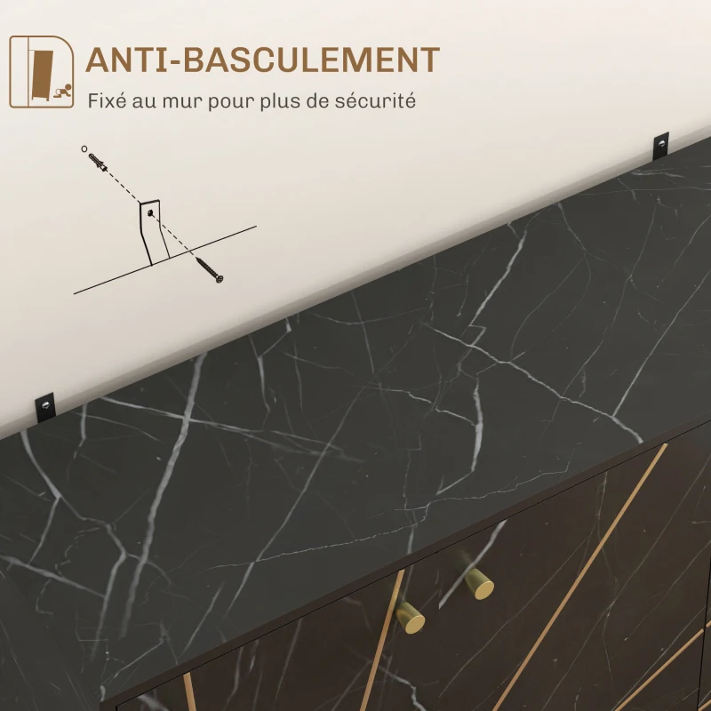 HOMCOM Meuble de rangement buffet salon avec 2 placards 3 portes et étagère réglable, pieds en métal, aspect marbre noir