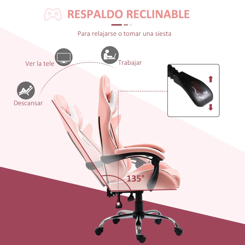 Vinsetto Silla Gaming Silla de Escritorio Reclinable 135° Reposacabezas y Cojín Lumbar  63x67x122-130 cm Rosa