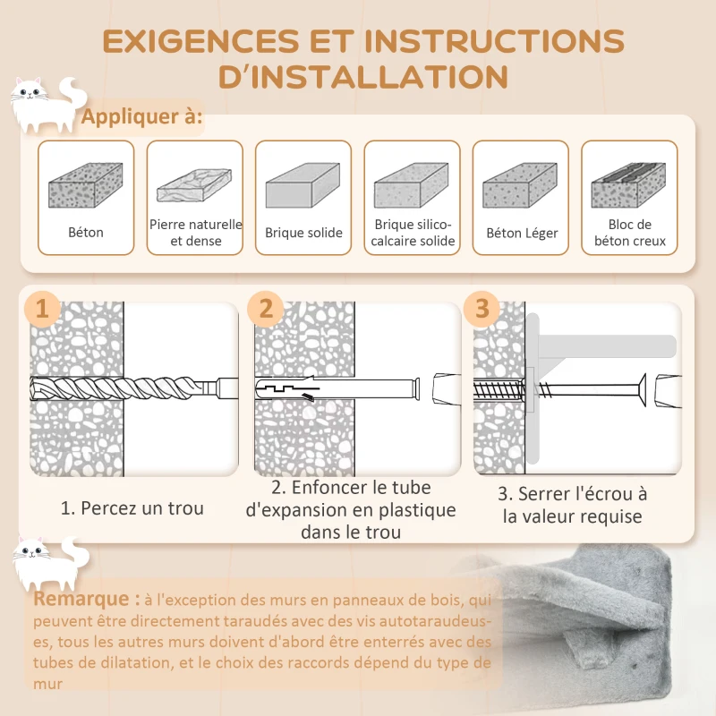 PawHut Arbre à chat parcours mural complet 4 pièces griffoir hamac plateforme sisal peluche gris