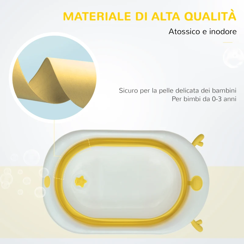 HOMCOM Vaschetta Bagnetto Pieghevole per Bambini 0-3 Anni con Indicatore di Temperatura e Cuscino, 81.5x50.5x23.5 cm, Giallo