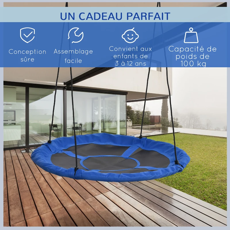 Outsunny Balançoire nid d'oiseau Ronde balançoire Panier Ø 110 cm 4 Anneaux Inclus métal époxy Oxford Haute densité Bleu