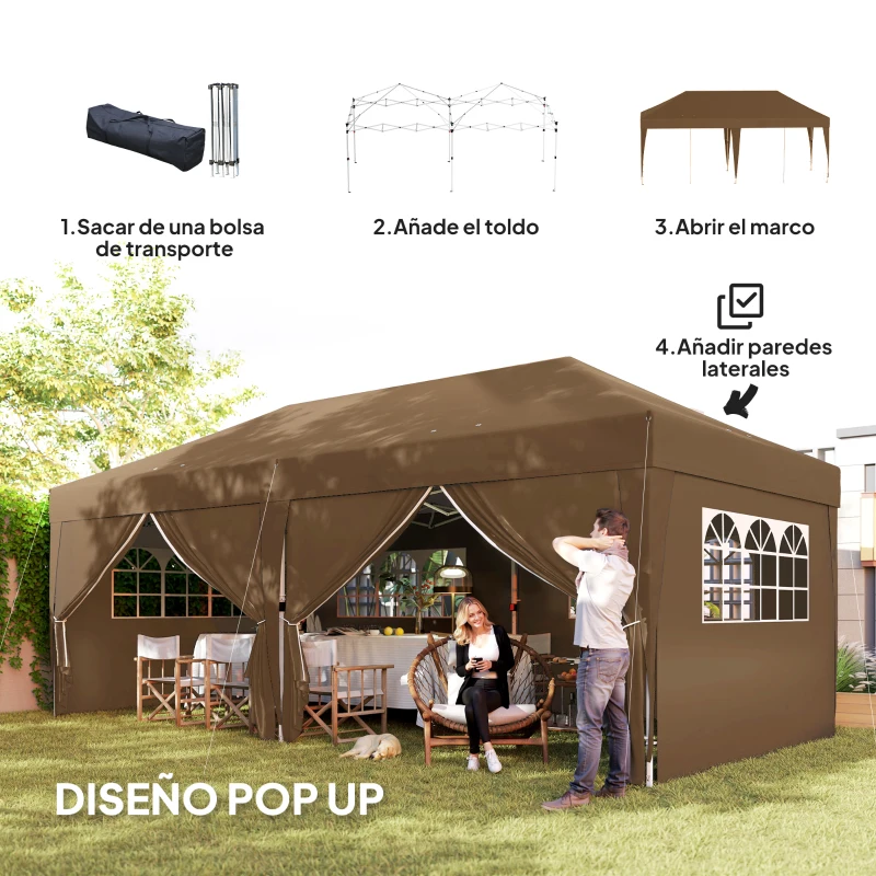 Outsunny Carpa Plegable 6x3 m Gazebo con 6 Paredes Laterales Impermeable Anti-UV y Bolsa de Transporte para Camping Fiesta Café