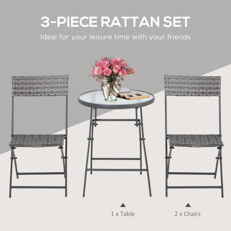 Outsunny 3 Pieces Rattan Bistro Set, Wicker Folding Garden Furniture Set with Glass Top Coffee Table and Chairs for Outdoor, Patio, Balcony, Grey