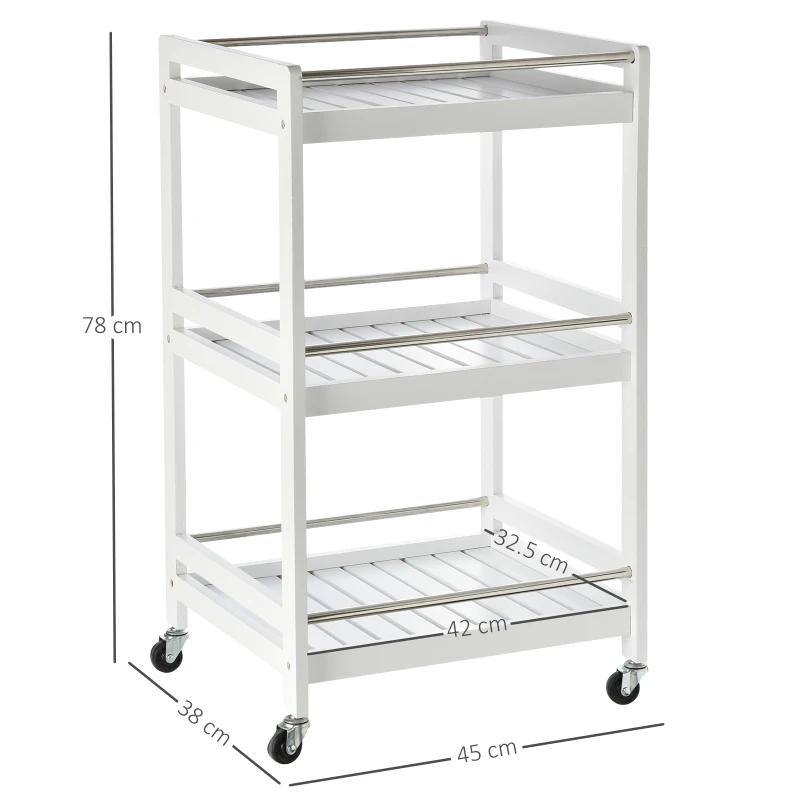 HOMCOM Carrello da Cucina Portavivande in Legno con 3 Ripiani e Ruote, 45x38x78cm, Bianco