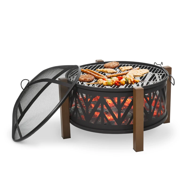 Outsunny Metal Large Firepit Bowl Outdoor 2-In-1 Round Fire Pit Brazier w/ Lid,  BBQ Grill, Poker for Backyard, Camping, Bonfire, Wood Burning Stove, 78 x 78 x 60cm, Black