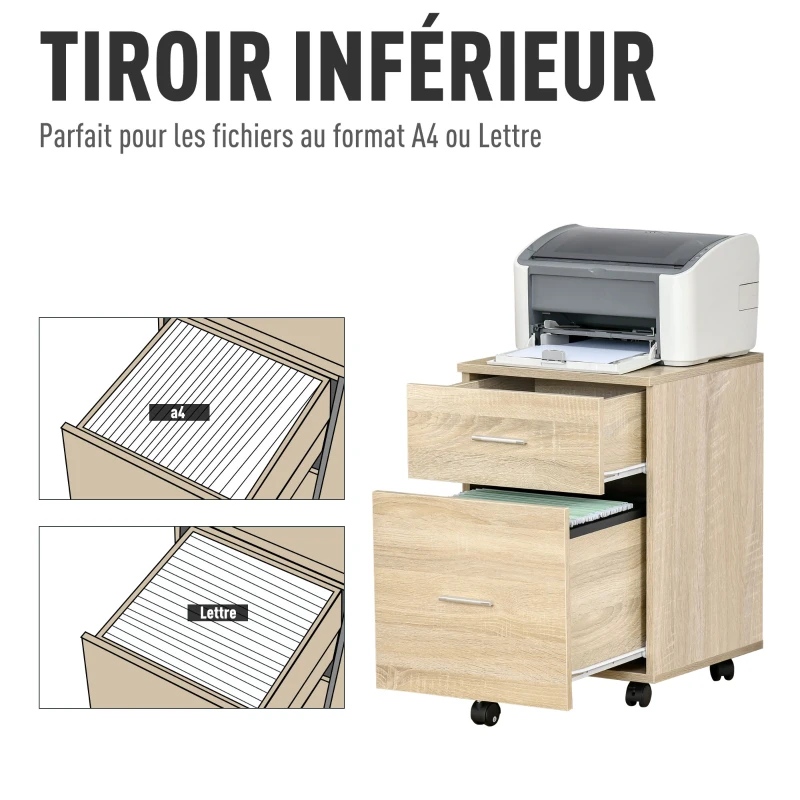 Vinsetto Caisson de bureau caisson de rangement mobile 2 tiroirs 5 roulettes en panneau de particules 39,5 x 39 x 58,5 cm chêne
