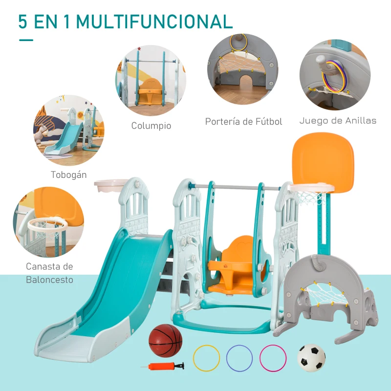 HOMCOM 5 en 1 Tobogán y Columpio para Niños +18 Meses con 2 Canastas de Baloncesto Portería Fútbol con Asiento Ajustable Parque Infantil Interior y Exterior 210x186x133 cm Multicolor