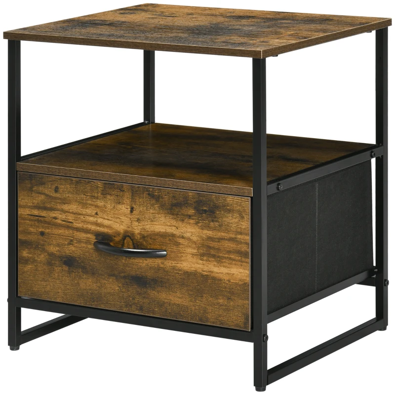 HOMCOM Mesita de Noche con 1 Cajón de Tela Plegable Mesa Auxiliar para Oficina Estudio 45x40x50,5 cm Marrón Rústico