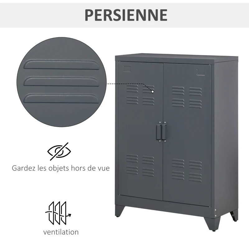 HOMCOM Armoire de bureau à 3 niveaux, meuble de rangement bureau métallique avec 2 portes et étagères réglables, armoire à dossiers pour le bureau à domicile, le garage, gris