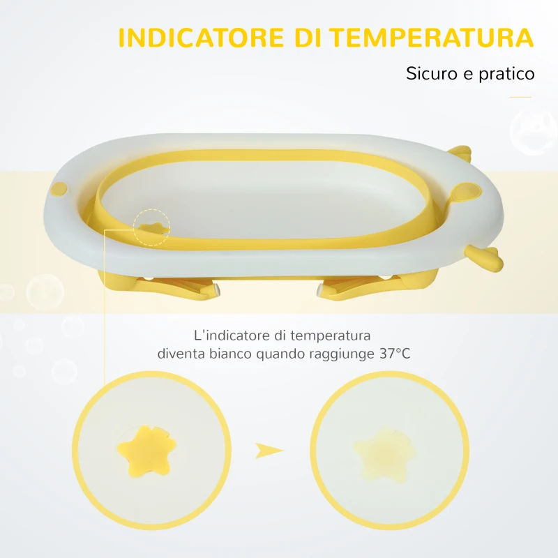 HOMCOM Vaschetta Bagnetto Pieghevole per Bambini 0-3 Anni con Indicatore di Temperatura e Cuscino, 81.5x50.5x23.5 cm, Giallo