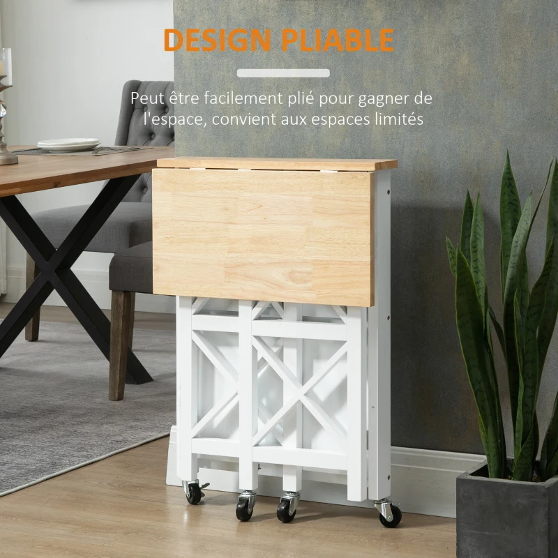 HOMCOM Chariot de service desserte de cuisine à roulettes pliante avec 2 étagères, plan de travail en bois hévéa - 60 x 40 x 84 cm - blanc