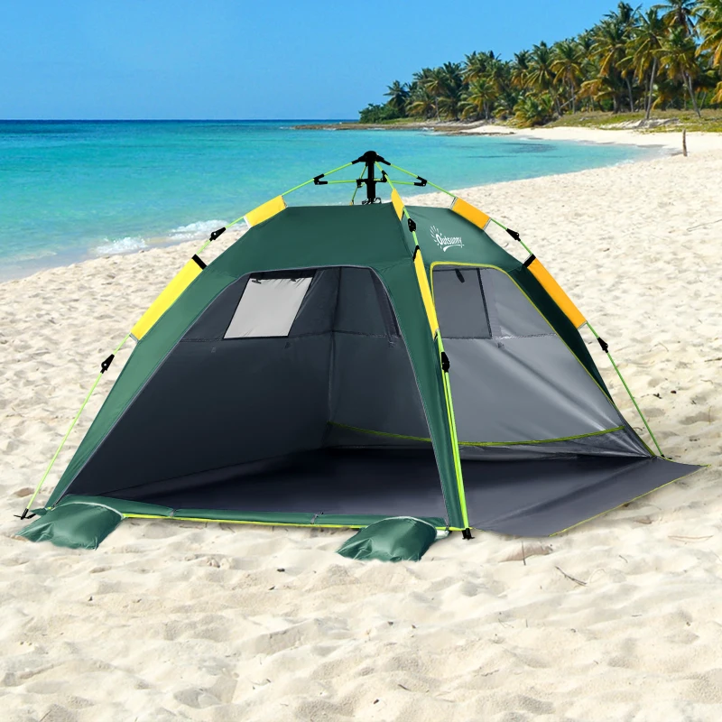 Outsunny Beach Tent for 1-2 Person Pop-up Design with 2 Mesh Windows & 2 Doors Dark Green