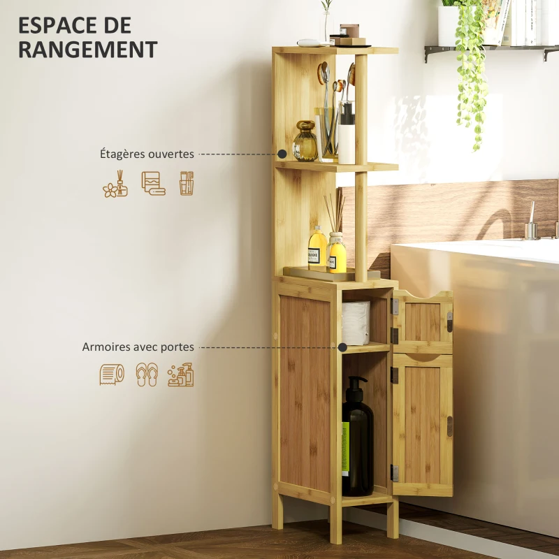 HOMCOM Colonne de salle de bain meuble de salle de bain avec 2 étagères 2 placards en bambou 18l x 30P x 120H cm bois naturel