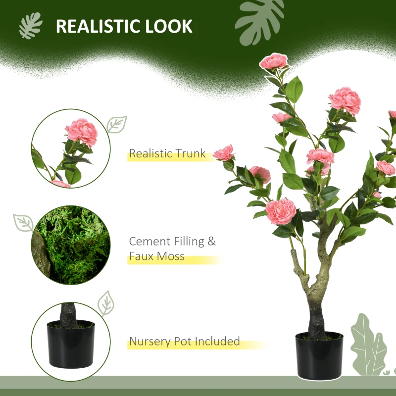 HOMCOM Artificial Plant Camellia Flower in Pot, Fake Plant for Indoor , 95cm, Pink