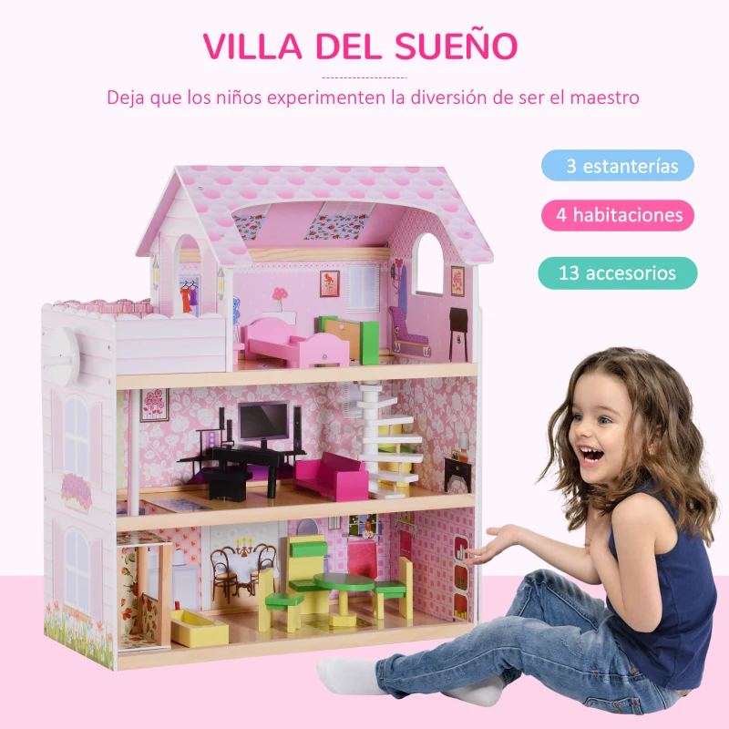 HOMCOM Casa de Muñecas con 13pcs 60x30x71,5 cm Muebles Mobiliario Casita Muñeca Juguete Madera 3 Pisos Casa de Juguete Bella de Madera Rosa