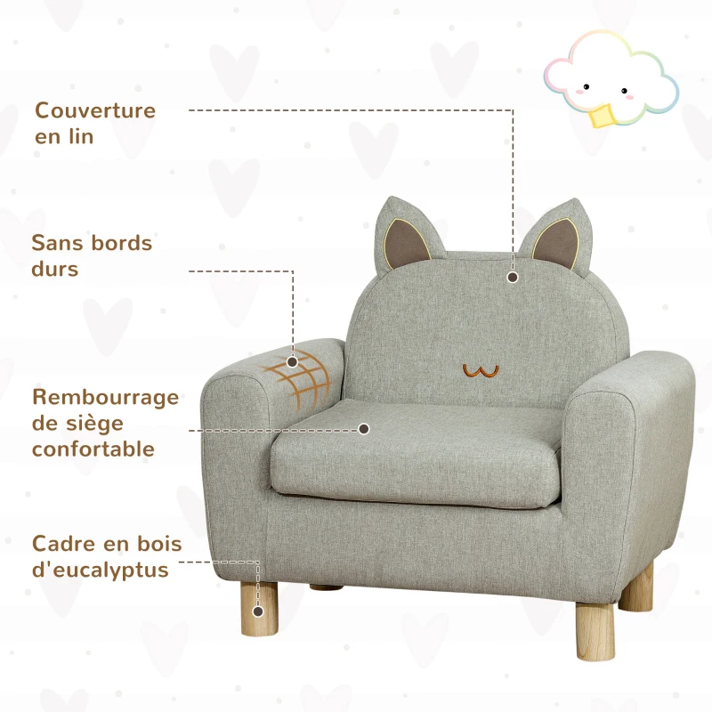 HOMCOM Fauteuil pour enfant canapé chaise enfant design scandinave grand confort avec oreille de chat piètement bois et tissu dim. 61l x 42P x 53H cm gris