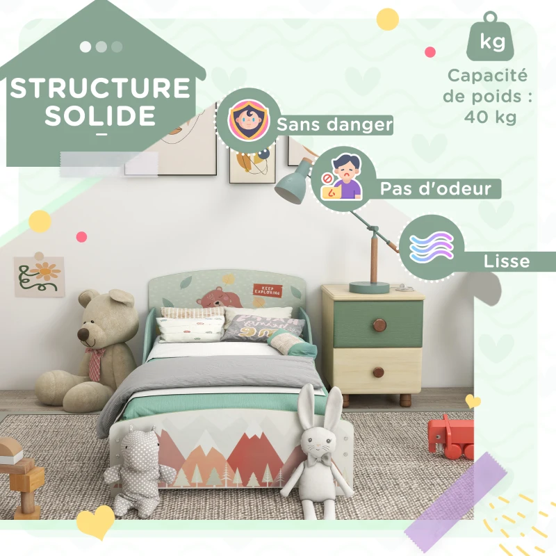 ZONEKIZ Lit pour enfant 3-6 ans avec barrières de sécurité et motifs dim. 77 x 143 x 60 cm sommier à lattes inclus - Vert