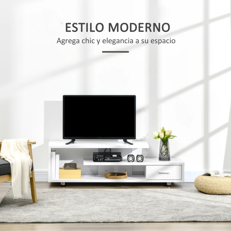 HOMCOM Mueble de TV para Televisor de hasta 45" Mesa de Salón Moderna con Estantes y Cajón 135x35x41,7 cm Blanco