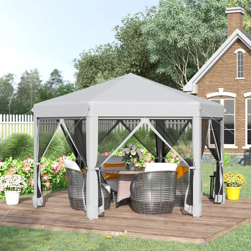 Outsunny 3.2m Pop Up Gazebo Hexagonal Canopy Tent Outdoor Sun Protection with Mesh Sidewalls, Handy Bag, Light Grey