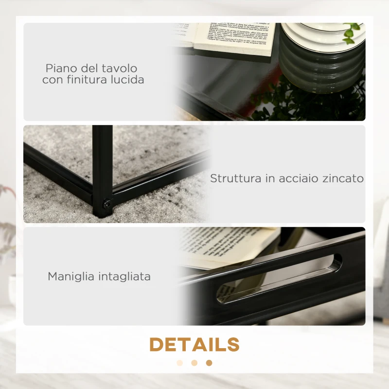 HOMCOM Set da 2 Tavolini da Caffè Impilabili con Finitura Lucida e Telaio in Acciaio, Nero