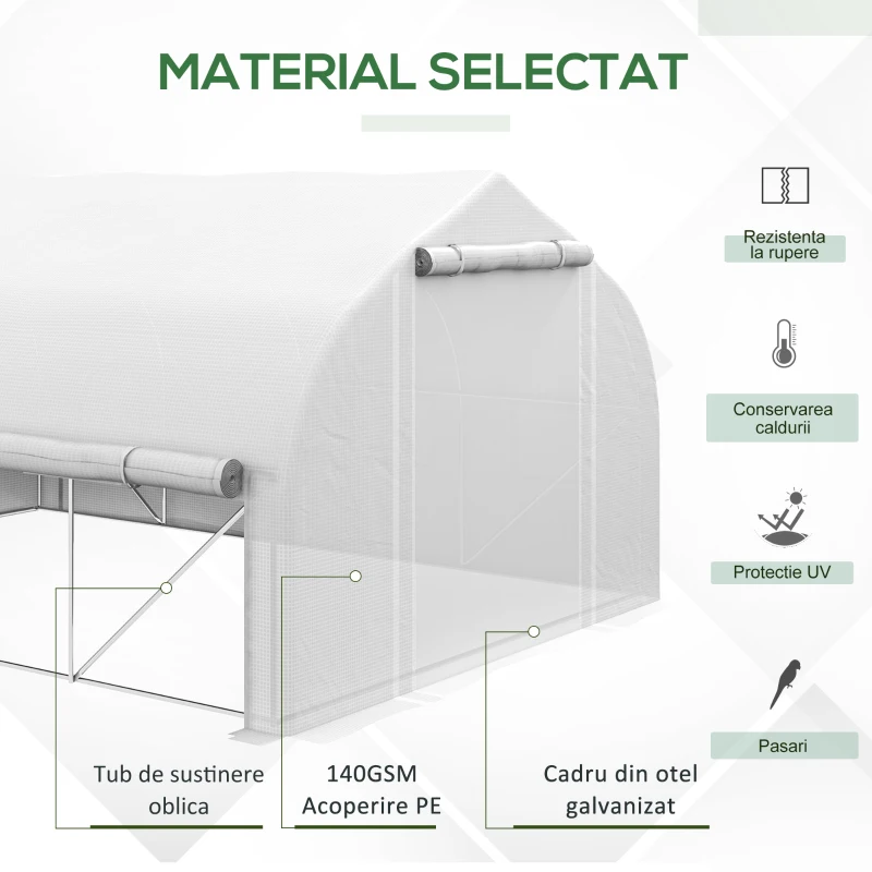 Outsunny Sera Cabina 4 x 3 m, Pereti Laterali Rulabili cu Fermoar, Usa cu Plasa, 8 Ferestre cu Plasa, Cort Tunel de Sera(m-5)