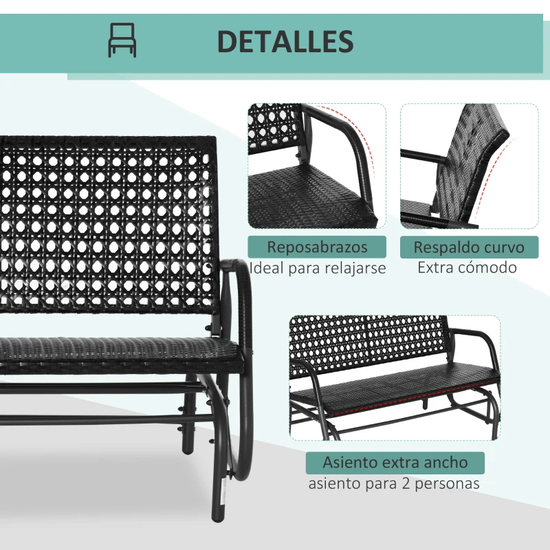 Outsunny Mecedora de Ratán de 2 Plazas Banco Balancín de Jardín con Balanceo Ergonómico y Marco de Metal para Terraza Balcón Exterior Patio Hotel Carga 220 kg 120x70x84 cm Negro