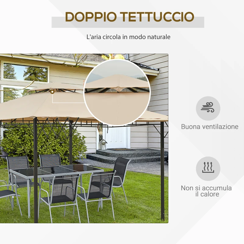 Outsunny Gazebo Pergola da Esterno 3.3x3.3m con Doppio Tettuccio e Telo Estraibile, Marrone Chiaro