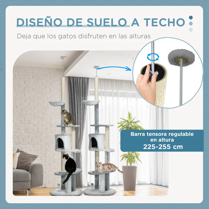 PawHut Árbol Rascador para Gatos de Suelo a Techo Ajustable Altura con Cueva Hamaca y Postes Rascadores Ø60x225-255 cm Gris