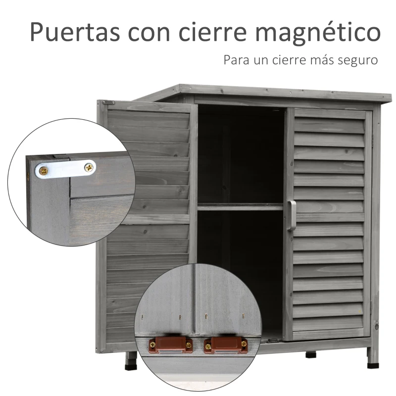 Outsunny Cobertizo de Almacenamiento de Madera para Jardín con 2 Estantes Interiores 2 puertas y Techo Inclinado para Exterior Terreza 87x46,5x96,5 cm Gris(m-6)