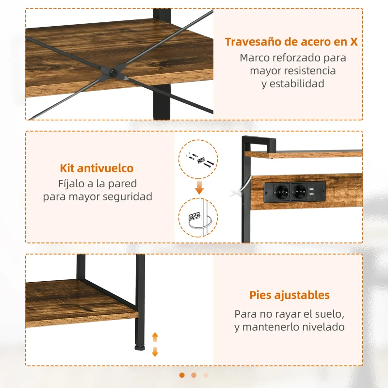 HOMCOM Estantería de Cocina para Microondas con Toma de Corriente Cargador USB 5 Ganchos 90x42x130 cm Marrón Rústico