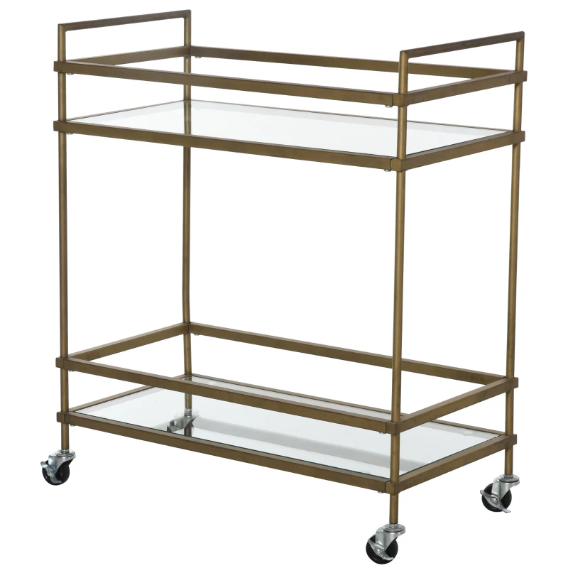 HOMCOM Chariot de service desserte de cuisine à roulettes 2 étagères verre dim. 70L x 35l x 80H cm métal doré