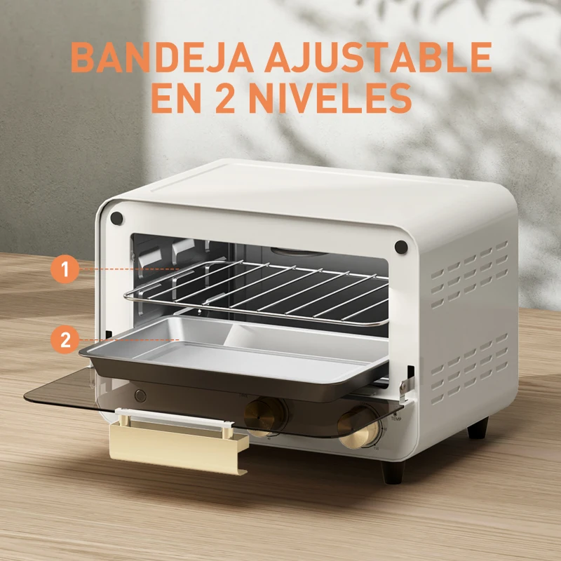 HOMCOM Horno Sobremesa de 12L 750W Horno Eléctrico con Puerta de Vidrio Temporizador y Temperatura Ajustables hasta 230℃ Blanco