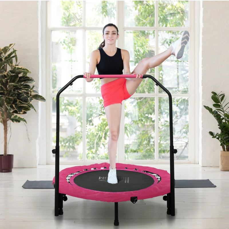 HOMCOM 40" Foldable Mini Fitness Trampoline, with Adjustable Foam Handle, Pink