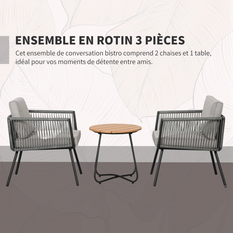Outsunny Ensemble de jardin en résine tressée 3 pièces cadre en acier 2 fauteuils + table basse coussins inclus gris