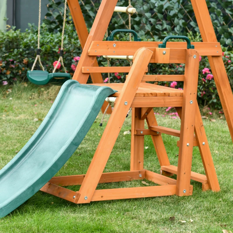 Outsunny Set con Scivolo, Altalena da Giardino e Scaletta a Corda in Legno per Bambini Età 3-8 Anni