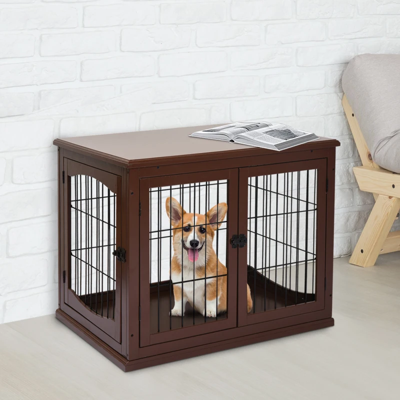PawHut Dog Crate Furniture, Puppy Crate End Table, Pet Kennel House with 2 Doors for Medium and Small Dogs, 81 x 58.5 x 66 cm, Brown
