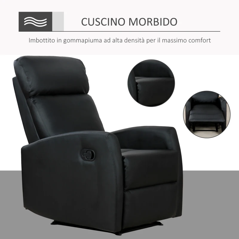 HOMCOM Poltrona Relax Reclinabile, Regolabile ed Ergonomica, in Pelle PU con Imbottitura, per Casa e Ufficio, 65x92x100 cm, Nera